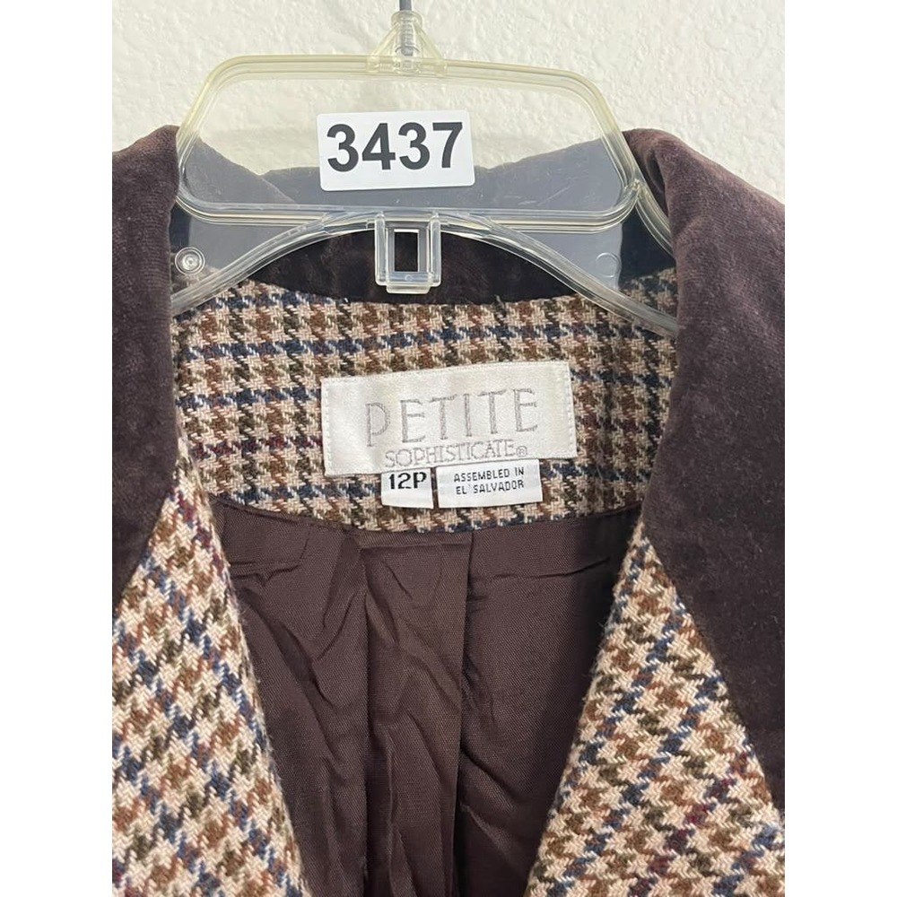 Petite Sophisticate Brown Houndstooth Blazer Velvet Collar Wool Blend Size 12P - Picture 6 of 6